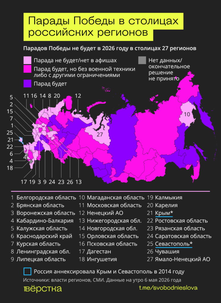 Парада Победы 9 мая не будет в трети столиц регионов. Еще в более чем 40% административных центров они пройдут без военной техники<br />